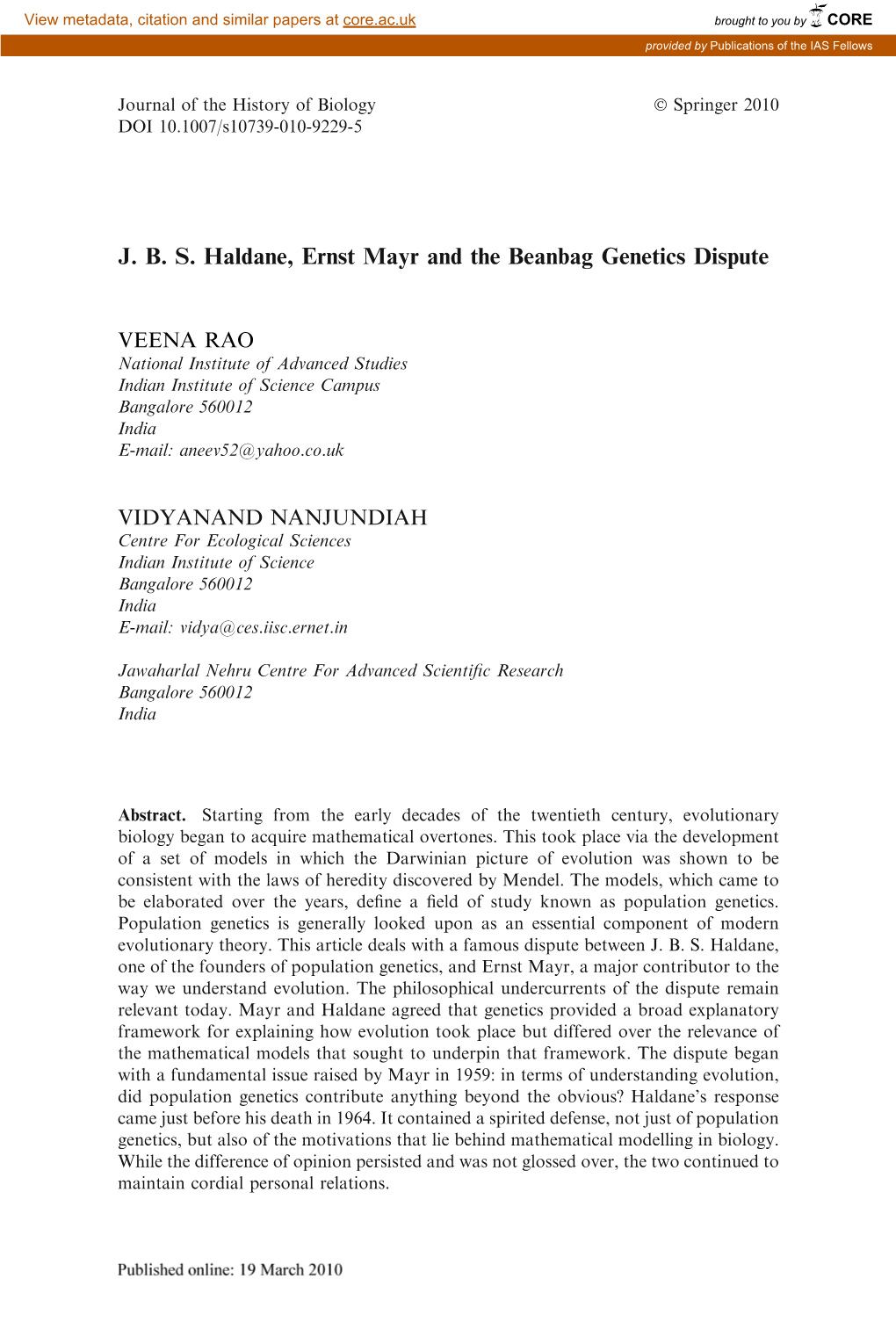 J. B. S. Haldane, Ernst Mayr and the Beanbag Genetics Dispute