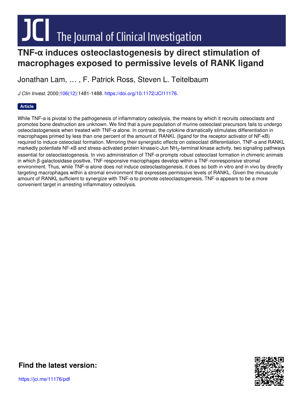 TNF-Α Induces Osteoclastogenesis by Direct Stimulation of Macrophages Exposed to Permissive Levels of RANK Ligand