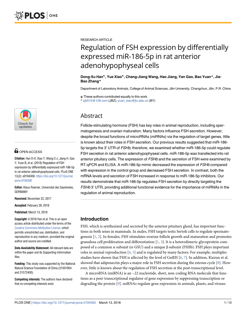 Regulation of FSH Expression by Differentially Expressed Mir-186-5P in Rat Anterior Adenohypophyseal Cells