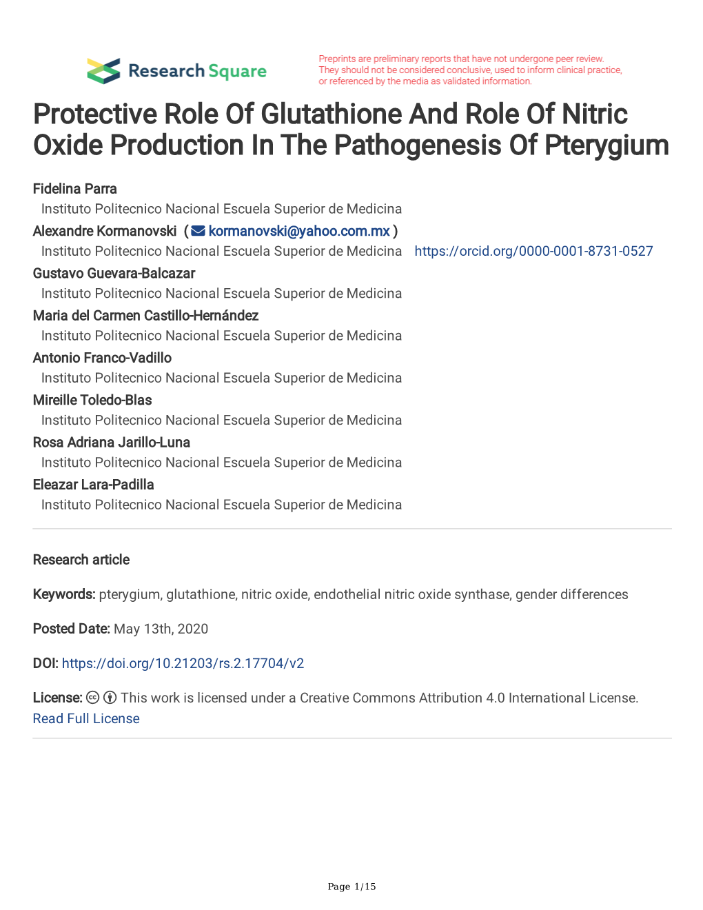 Protective Role of Glutathione and Role of Nitric Oxide Production in the Pathogenesis of Pterygium