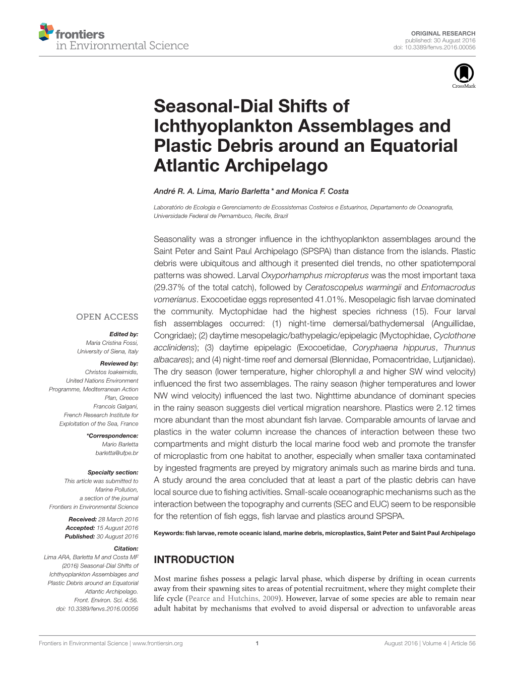 Seasonal-Dial Shifts of Ichthyoplankton Assemblages and Plastic Debris Around an Equatorial Atlantic Archipelago