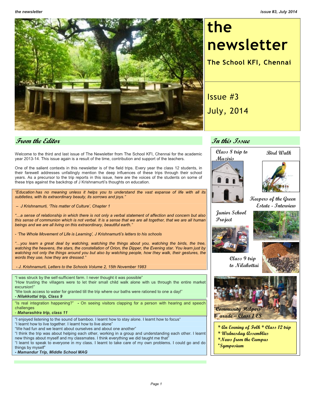 July 2014 the Newsletter the School KFI, Chennai