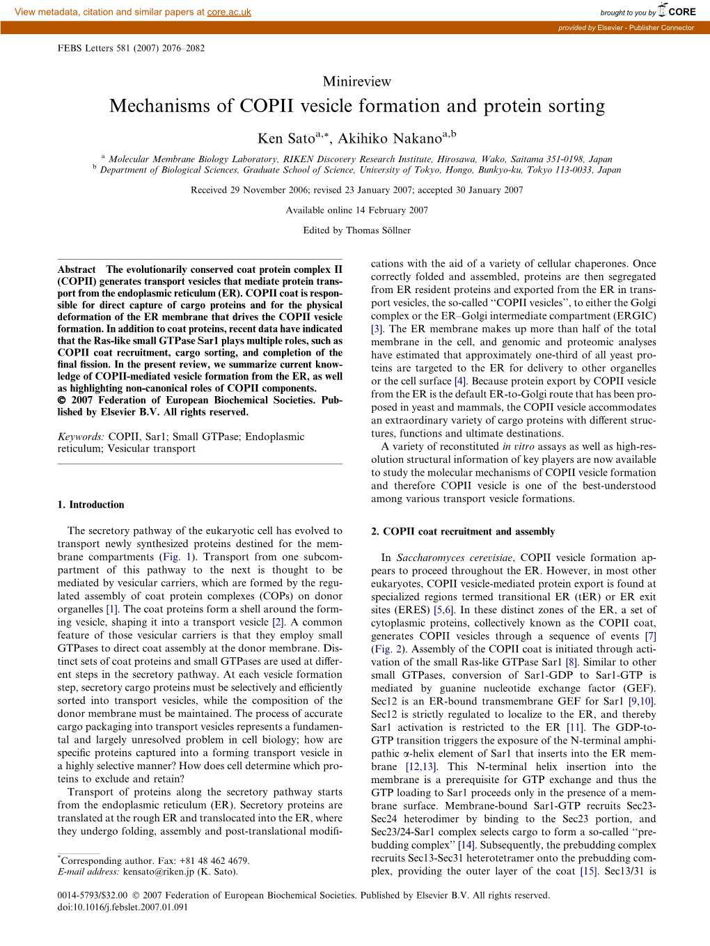 Mechanisms of COPII Vesicle Formation and Protein Sorting