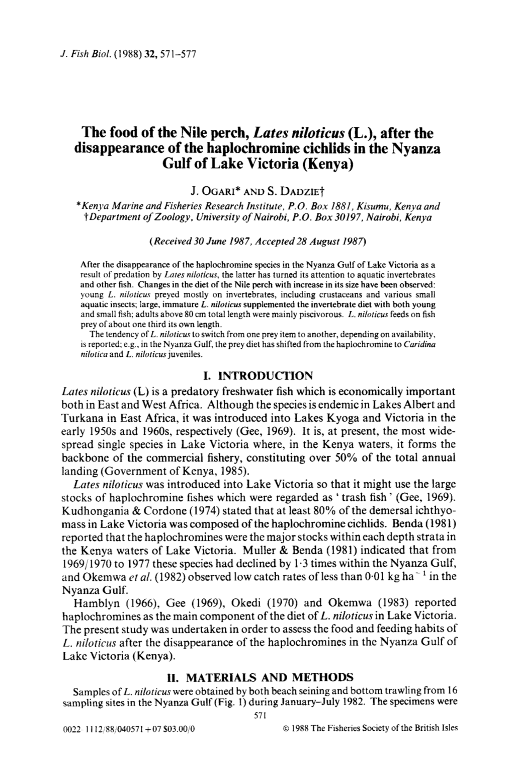 The Food of the Nile Perch, Lates Niloticus (L.), After the Disappearance of the Haplochromine Cichlids in the Nyanza Gulf of Lake Victoria (Kenya)