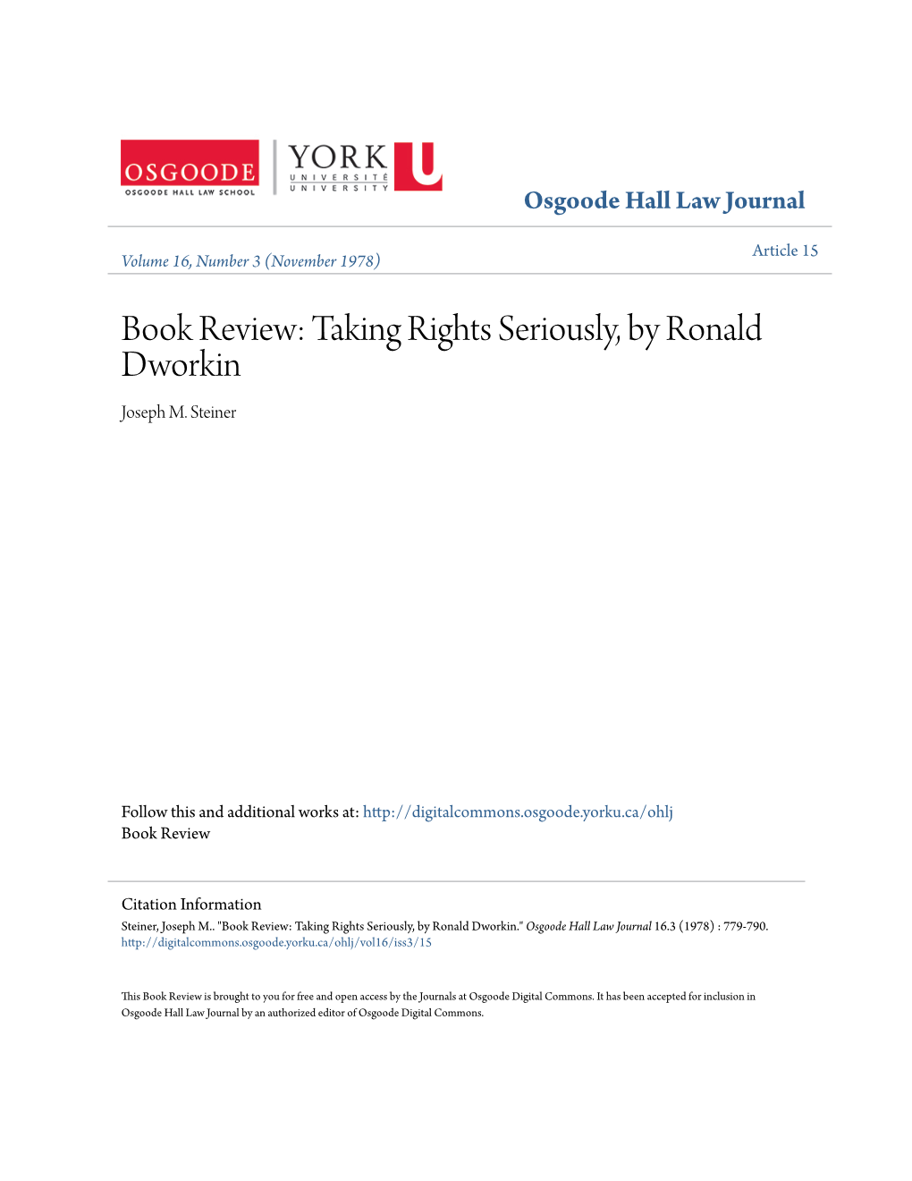 Book Review: Taking Rights Seriously, by Ronald Dworkin Joseph M