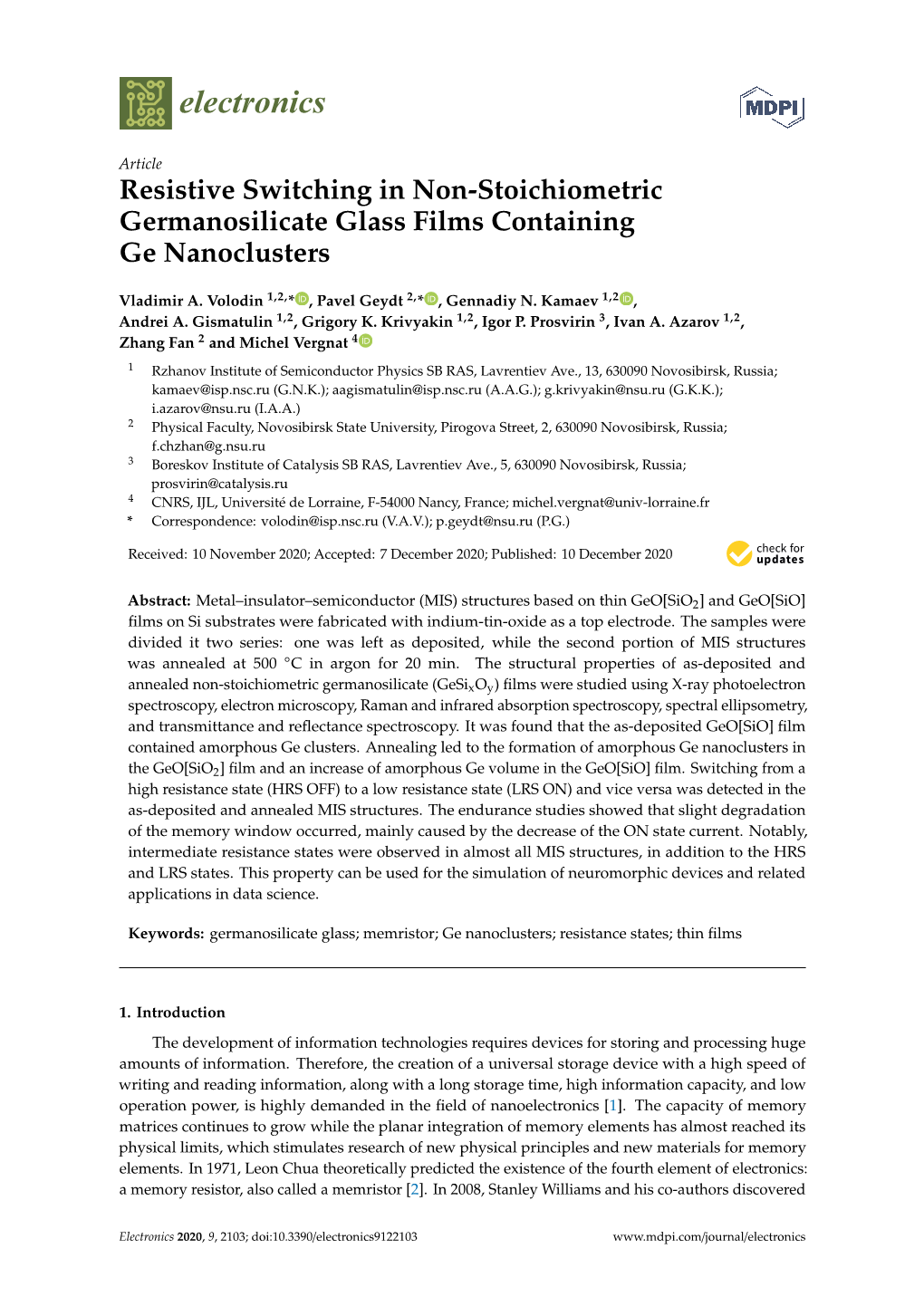 Resistive Switching in Non-Stoichiometric Germanosilicate Glass Films Containing Ge Nanoclusters