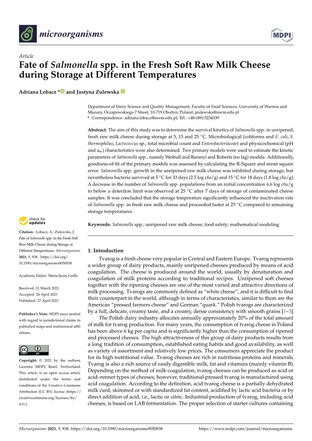Fate of Salmonella Spp. in the Fresh Soft Raw Milk Cheese During Storage at Different Temperatures