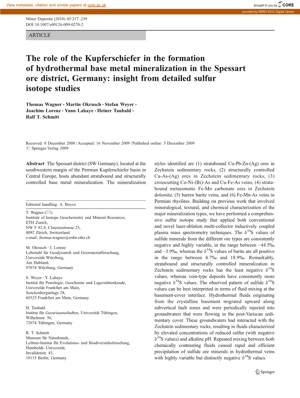 The Role of the Kupferschiefer in the Formation of Hydrothermal