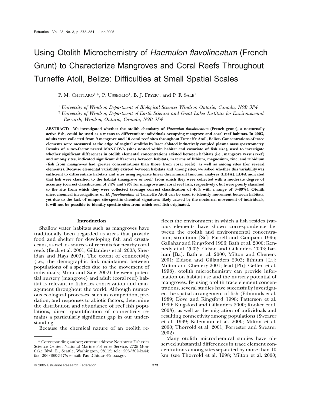 Using Otolith Microchemistry of Haemulon Flavolineatum (French