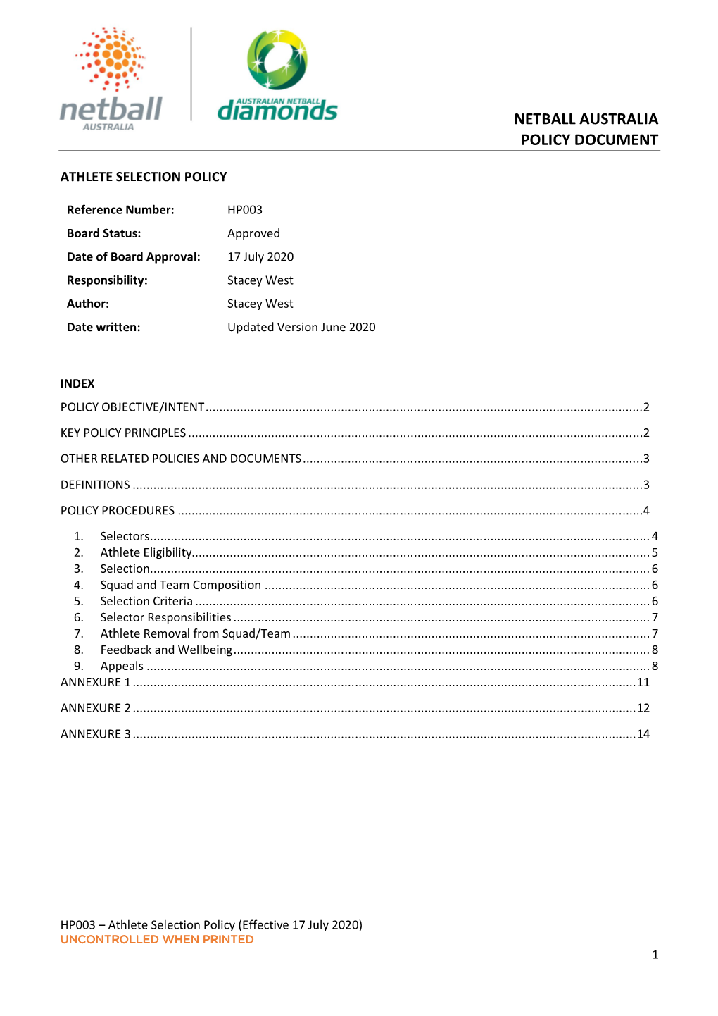 Athlete Selection Policy