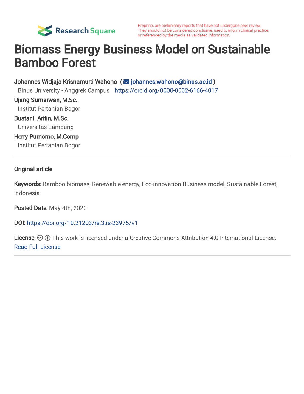 Biomass Energy Business Model on Sustainable Bamboo Forest