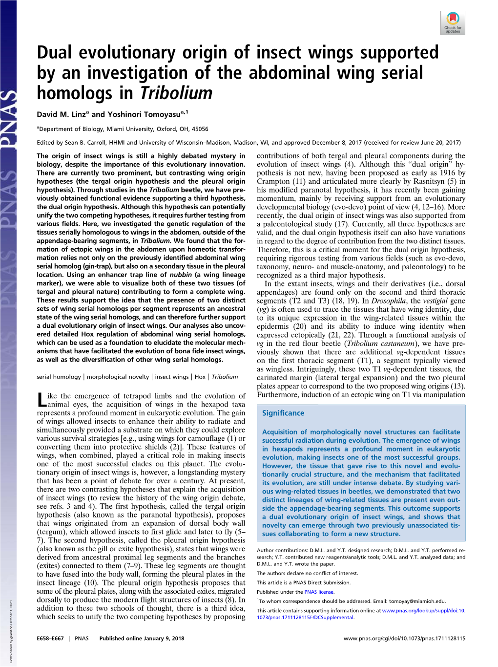 Dual Evolutionary Origin of Insect Wings Supported by an Investigation of the Abdominal Wing Serial Homologs in Tribolium