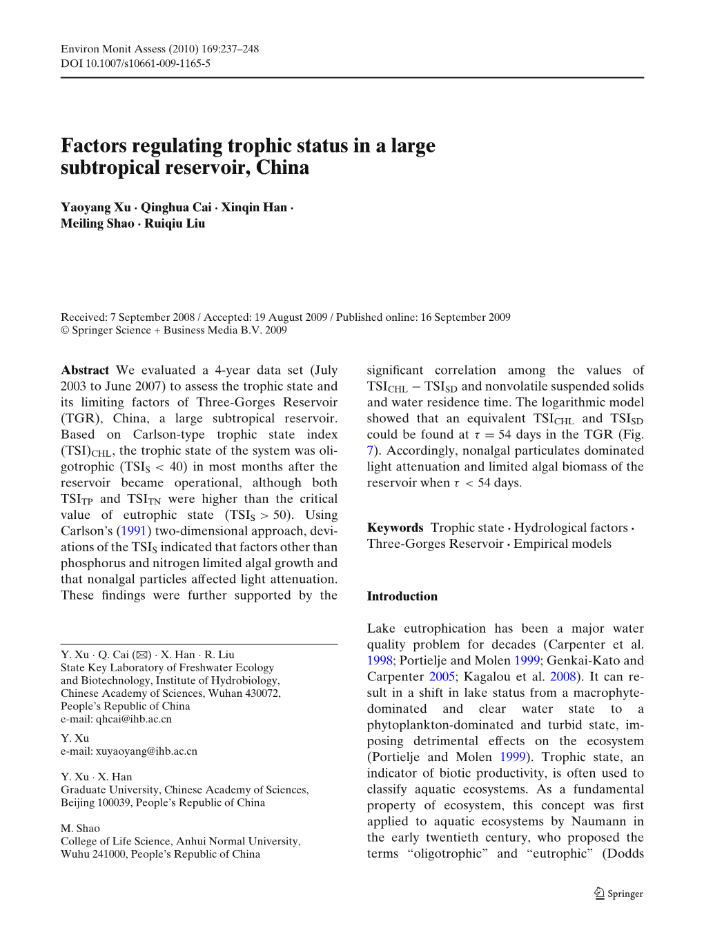 Factors Regulating Trophic Status in a Large Subtropical Reservoir, China