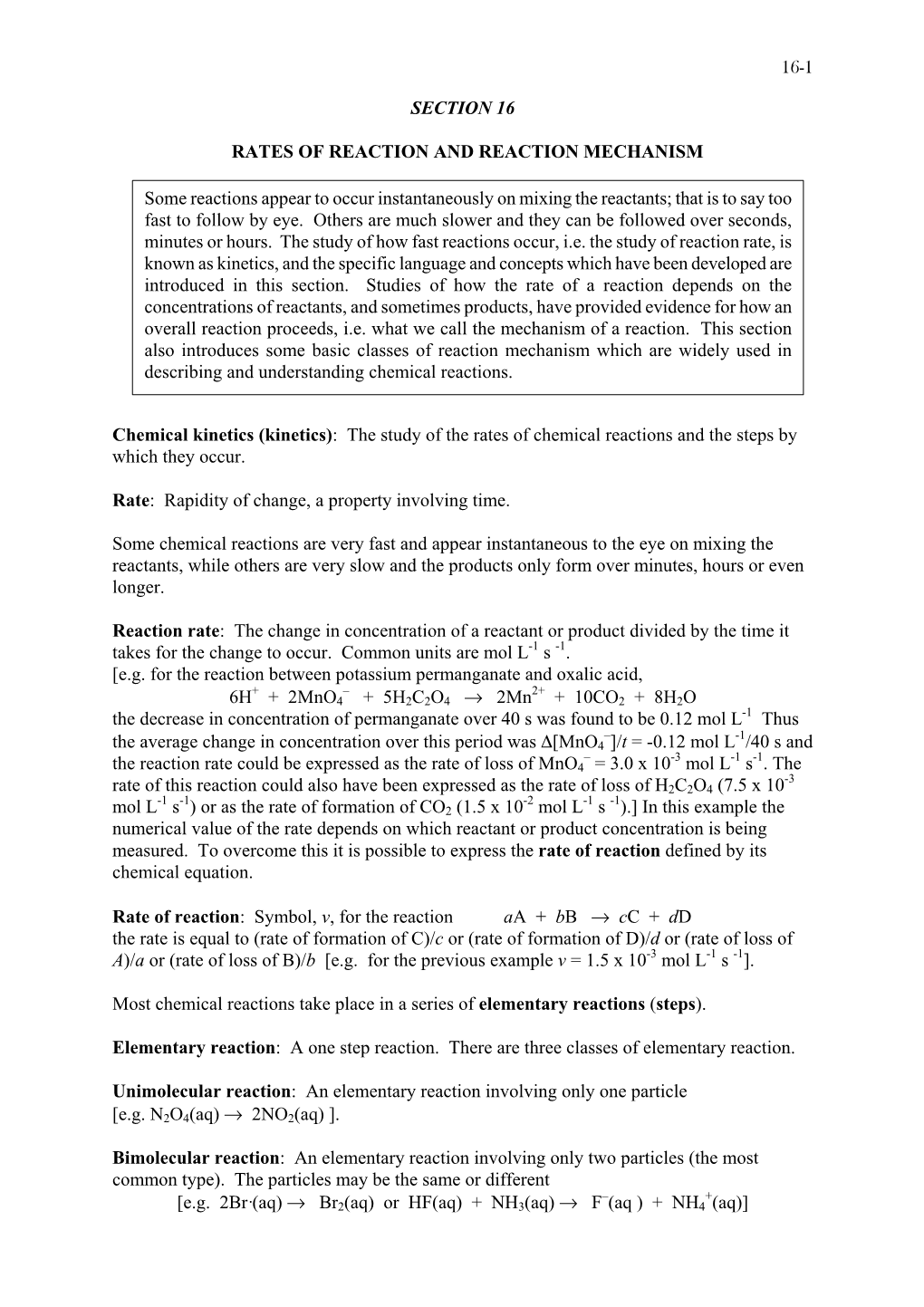 16-1 SECTION 16 RATES of REACTION and REACTION MECHANISM Chemical Kinetics