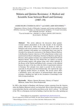 Malaria and Quinine Resistance: a Medical and Scientiﬁc Issue Between Brazil and Germany (1907–19)