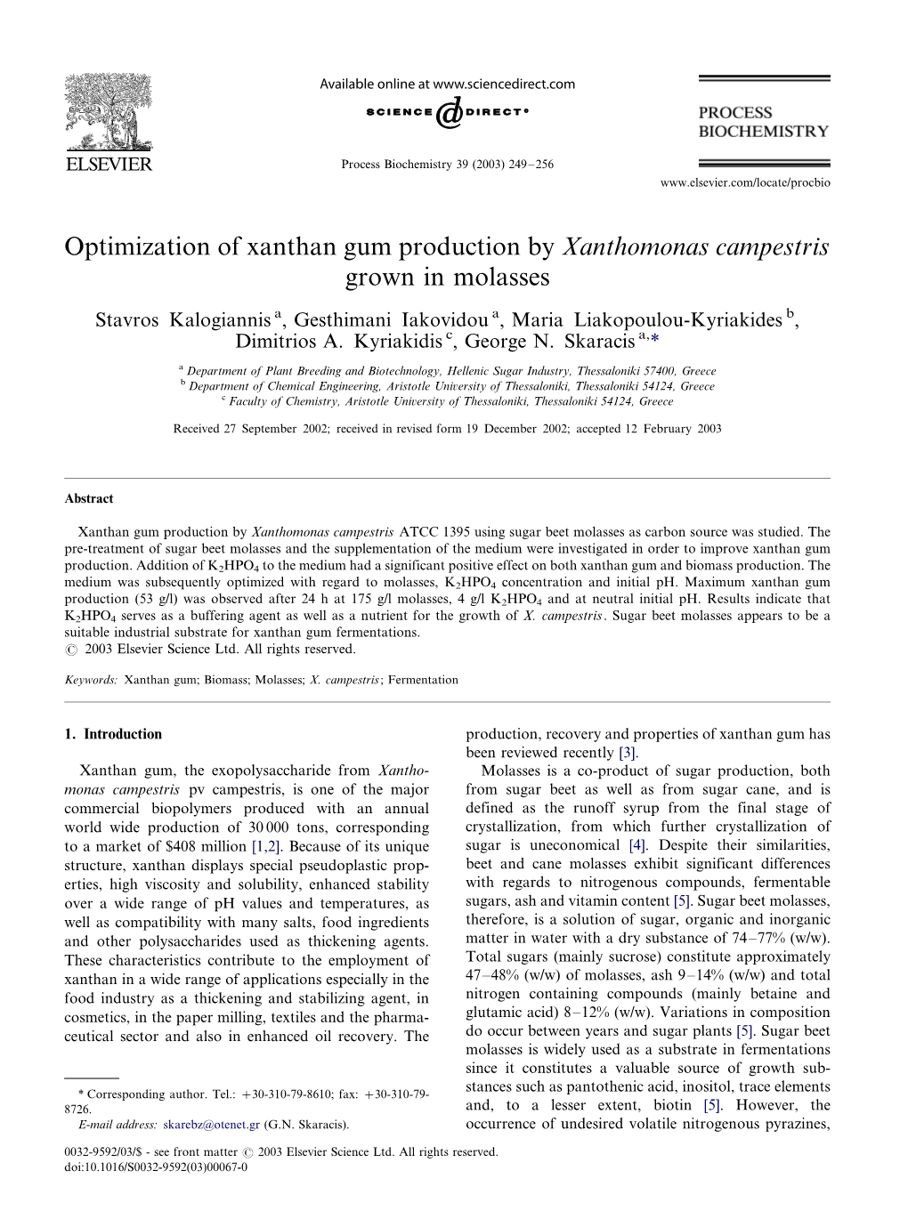 Optimization of Xanthan Gum Production by Xanthomonas Campestris Grown in Molasses