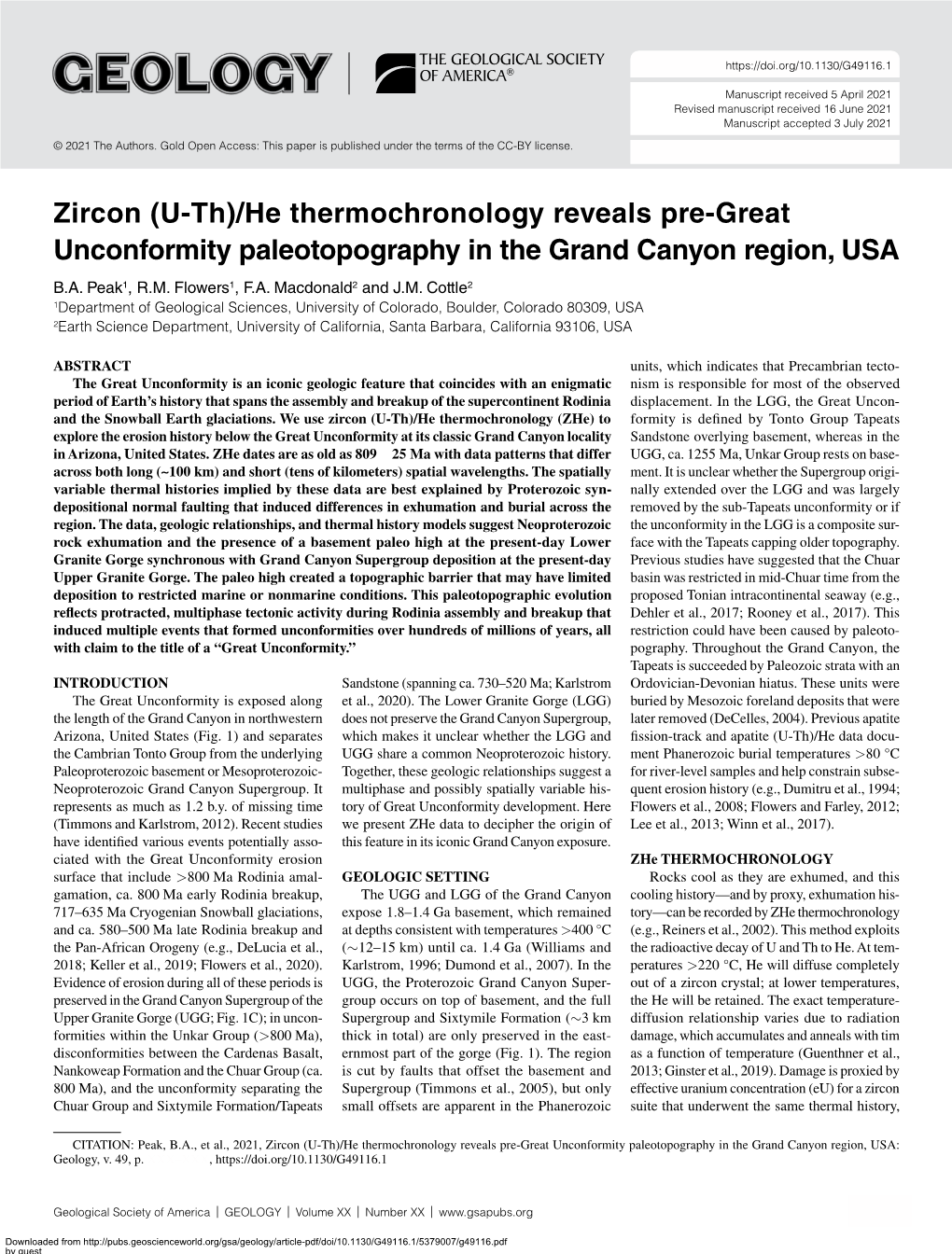 (U-Th)/He Thermochronology Reveals Pre-Great Unconformity Paleotopography in the Grand Canyon Region, USA B.A