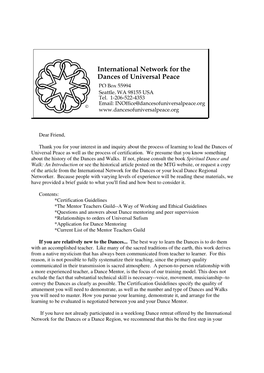 International Network for the Dances of Universal Peace PO Box 55994 Seattle, WA 98155 USA Tel