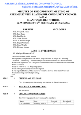 MINUTES of the ORDINARY MEETING of ABERMULE with LLANDYSSIL COMMUNITY COUNCIL Held at LLANDYSSIL OLD SCHOOL on WEDNESDAY 6TH FEBRUARY 2019 at 7.30Pm