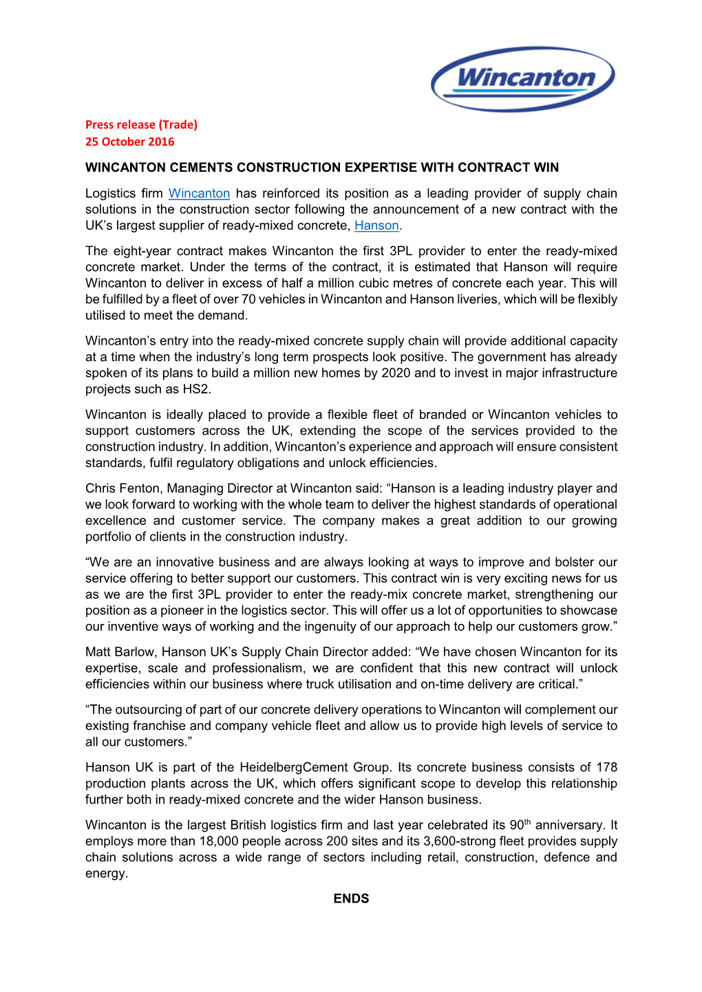 Press Release (Trade) 25 October 2016 WINCANTON CEMENTS