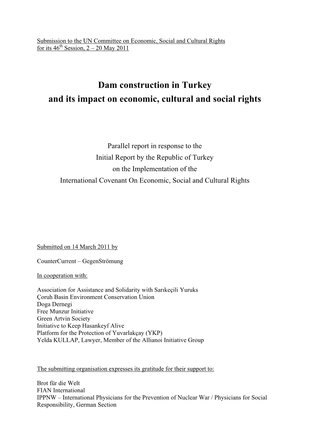 Dam Construction in Turkey and Its Impact on Economic, Cultural and Social Rights