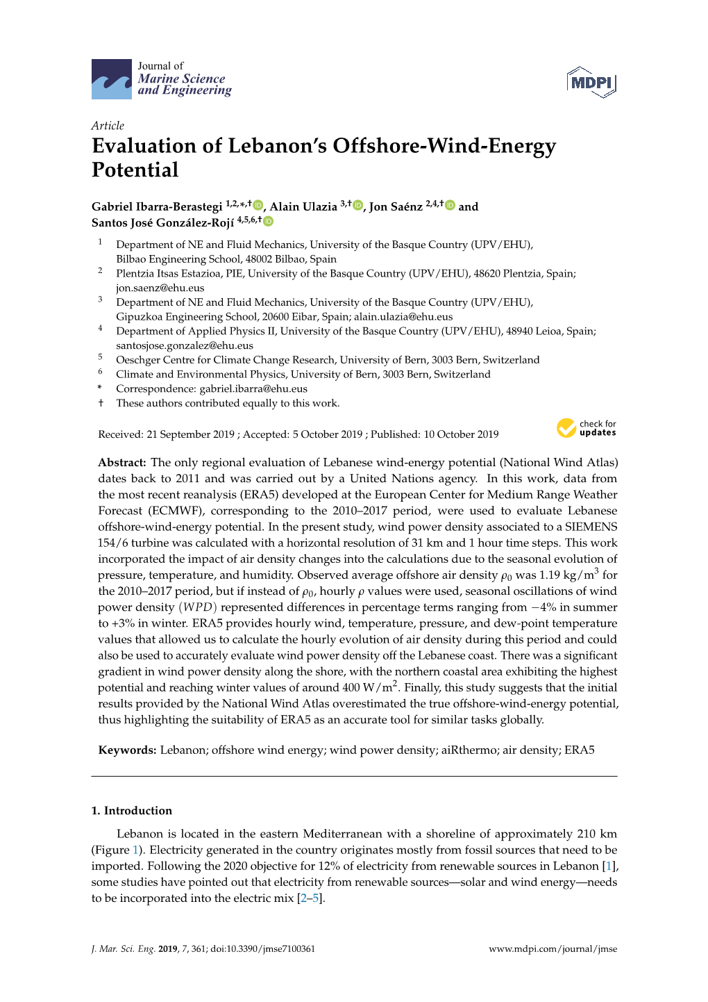 Evaluation of Lebanon's Offshore-Wind-Energy Potential