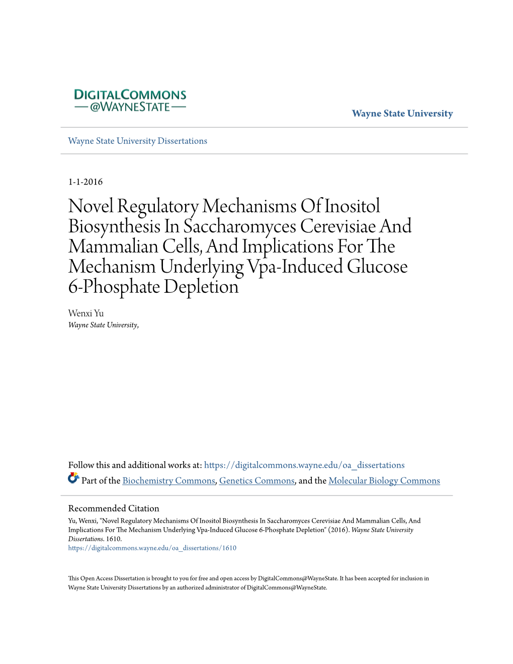 Novel Regulatory Mechanisms of Inositol Biosynthesis in Saccharomyces Cerevisiae and Mammalian Cells, and Implications for the M