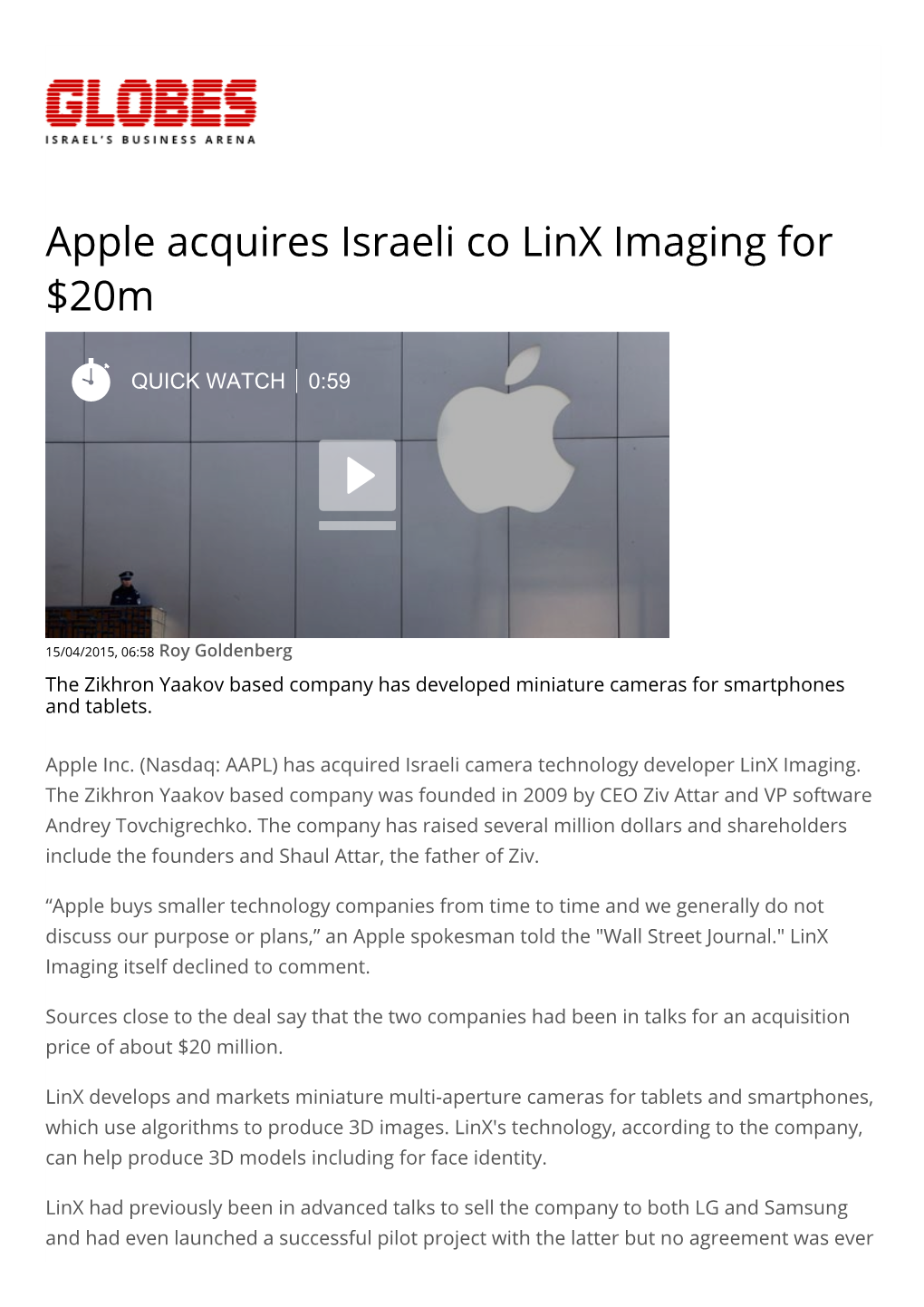 Apple Acquires Israeli Co Linx Imaging for $20M
