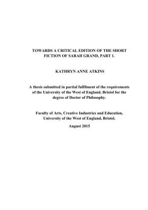 Towards a Critical Edition of the Short Fiction of Sarah Grand, Part 1