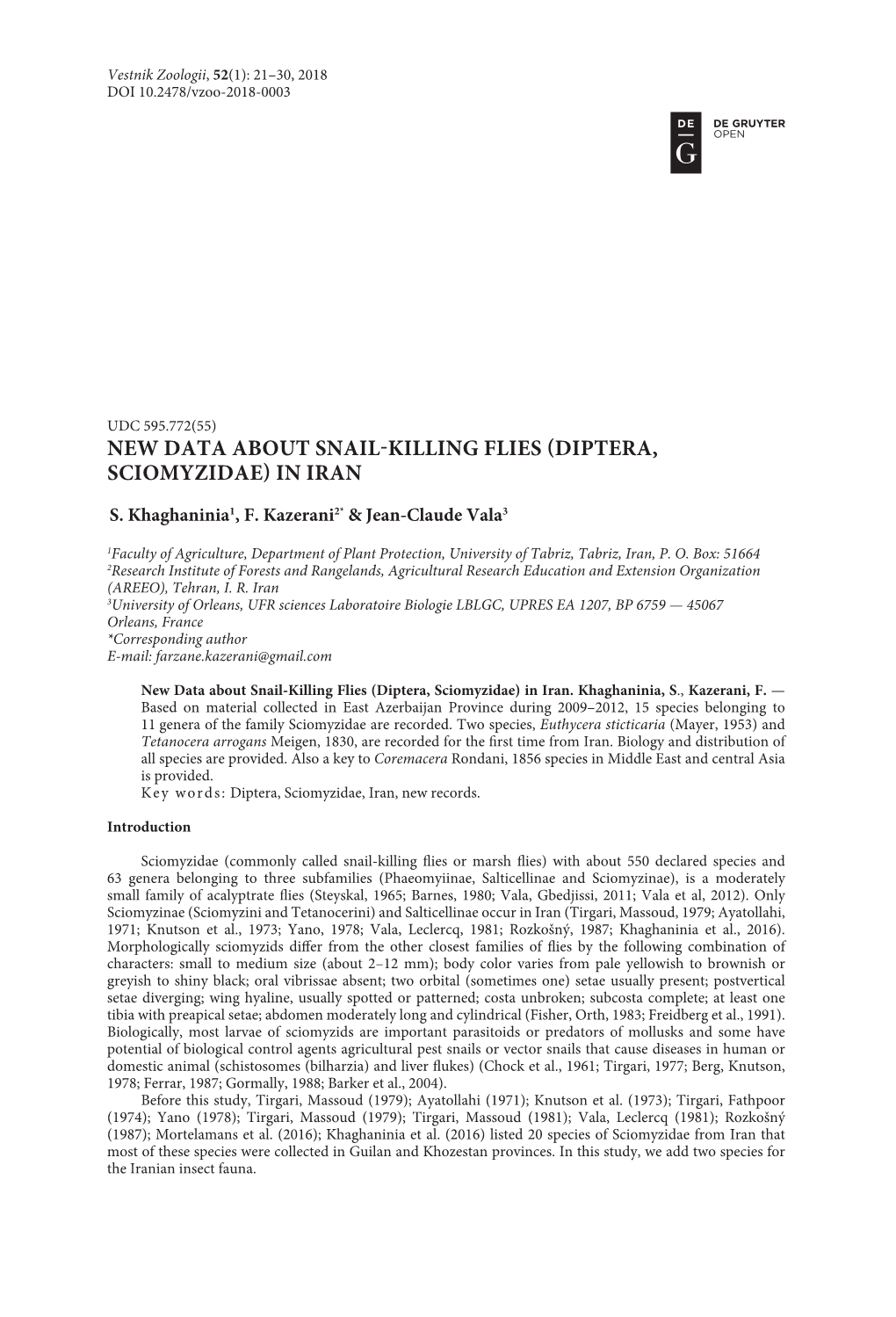 New Data About Snail-Killing Flies (Diptera, Sciomyzidae) in Iran