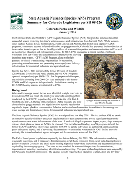 State Aquatic Nuisance Species (ANS) Program Summary for Colorado Legislators Per SB 08-226