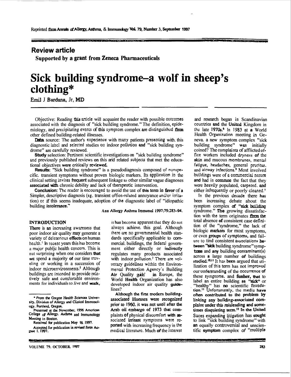 Sick Building Syndrome-A Wolf in Sheep's Clothing* Emu J Bardana, Jr, MD