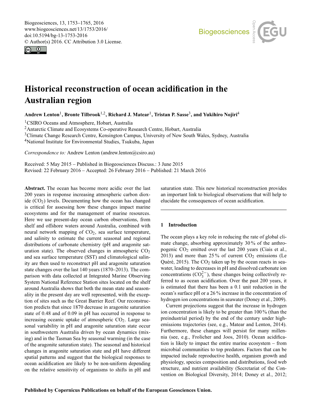 Historical Reconstruction of Ocean Acidification in the Australian Region