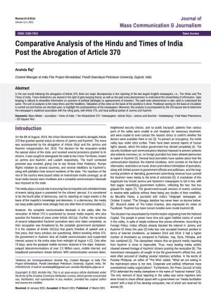 Comparative Analysis of the Hindu and Times of India Post the Abrogation of Article 370