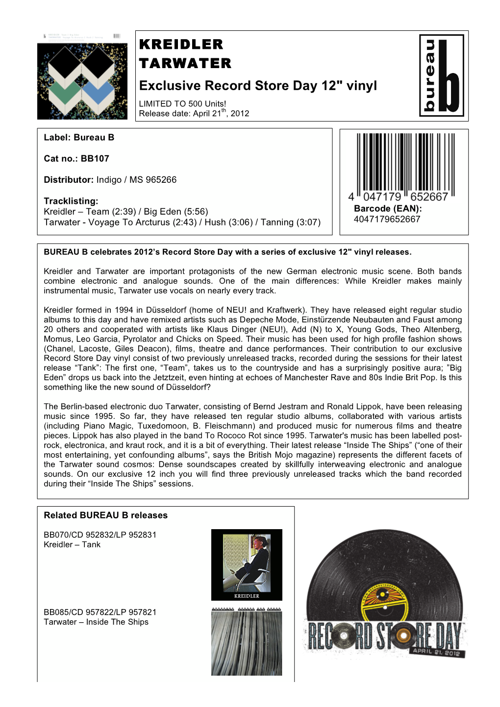 KREIDLER TARWATER Exclusive Record Store Day 12" Vinyl