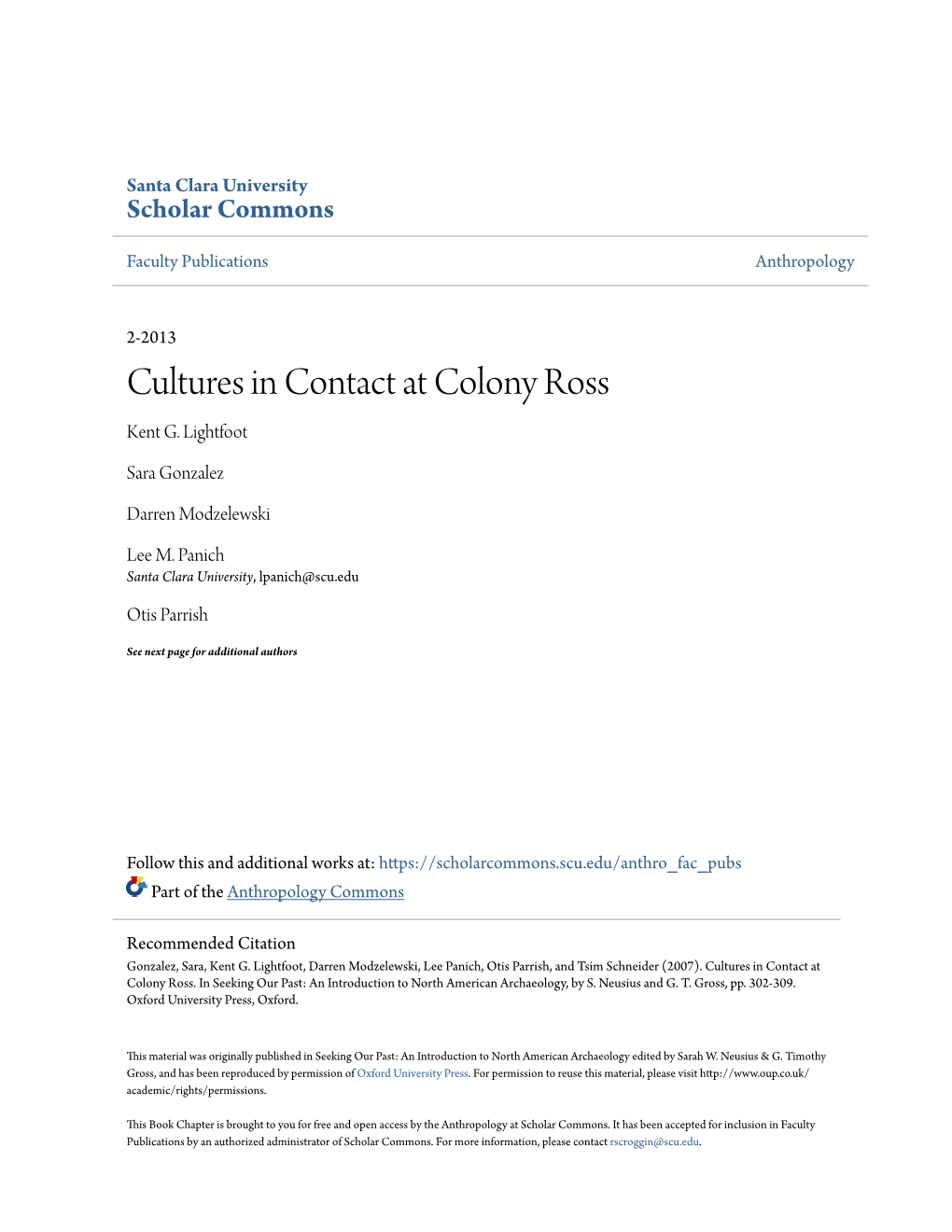 Cultures in Contact at Colony Ross Kent G