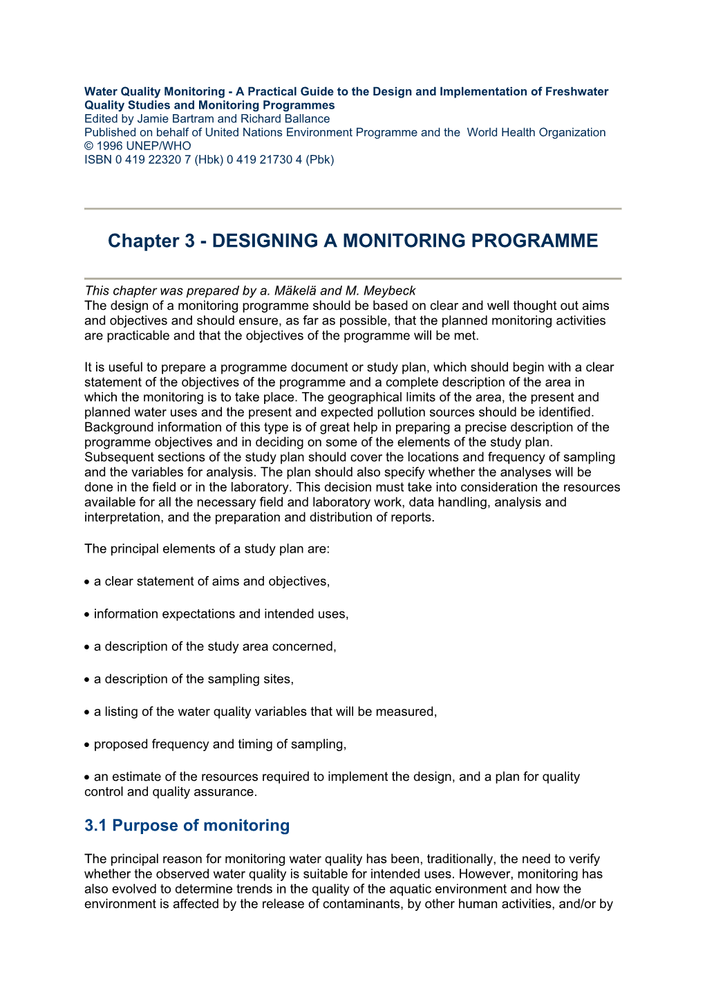 Chapter 3 - DESIGNING a MONITORING PROGRAMME