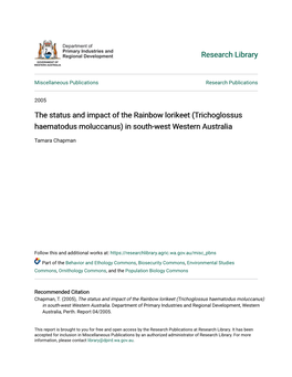 The Status and Impact of the Rainbow Lorikeet (Trichoglossus Haematodus Moluccanus) in South-West Western Australia