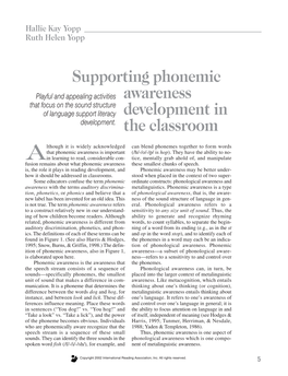 Supporting Phonemic Awareness Development in the Classroom 7 Copyright 2002 International Reading Association, Inc
