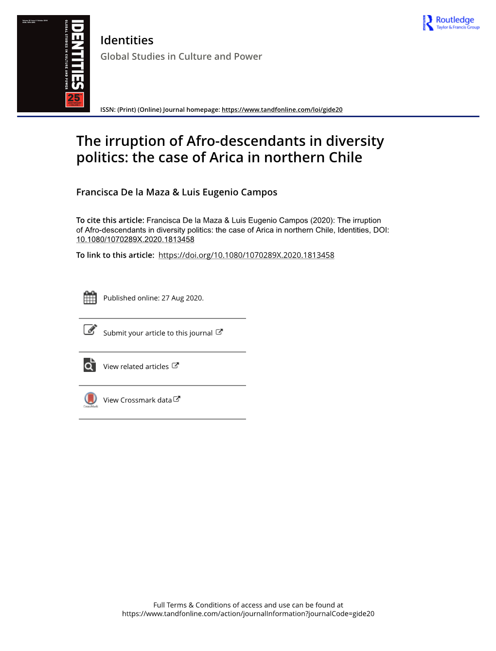 The Irruption of Afro-Descendants in Diversity Politics: the Case of Arica in Northern Chile