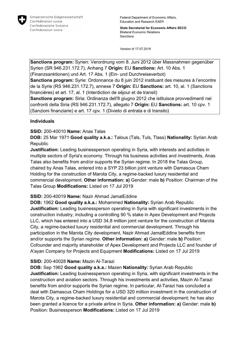 Sanctions Program: Syrien: Verordnung Vom 8. Juni 2012 Über Massnahmen Gegenüber Syrien (SR 946.231.172.7), Anhang 7 Origin: EU Sanctions: Art