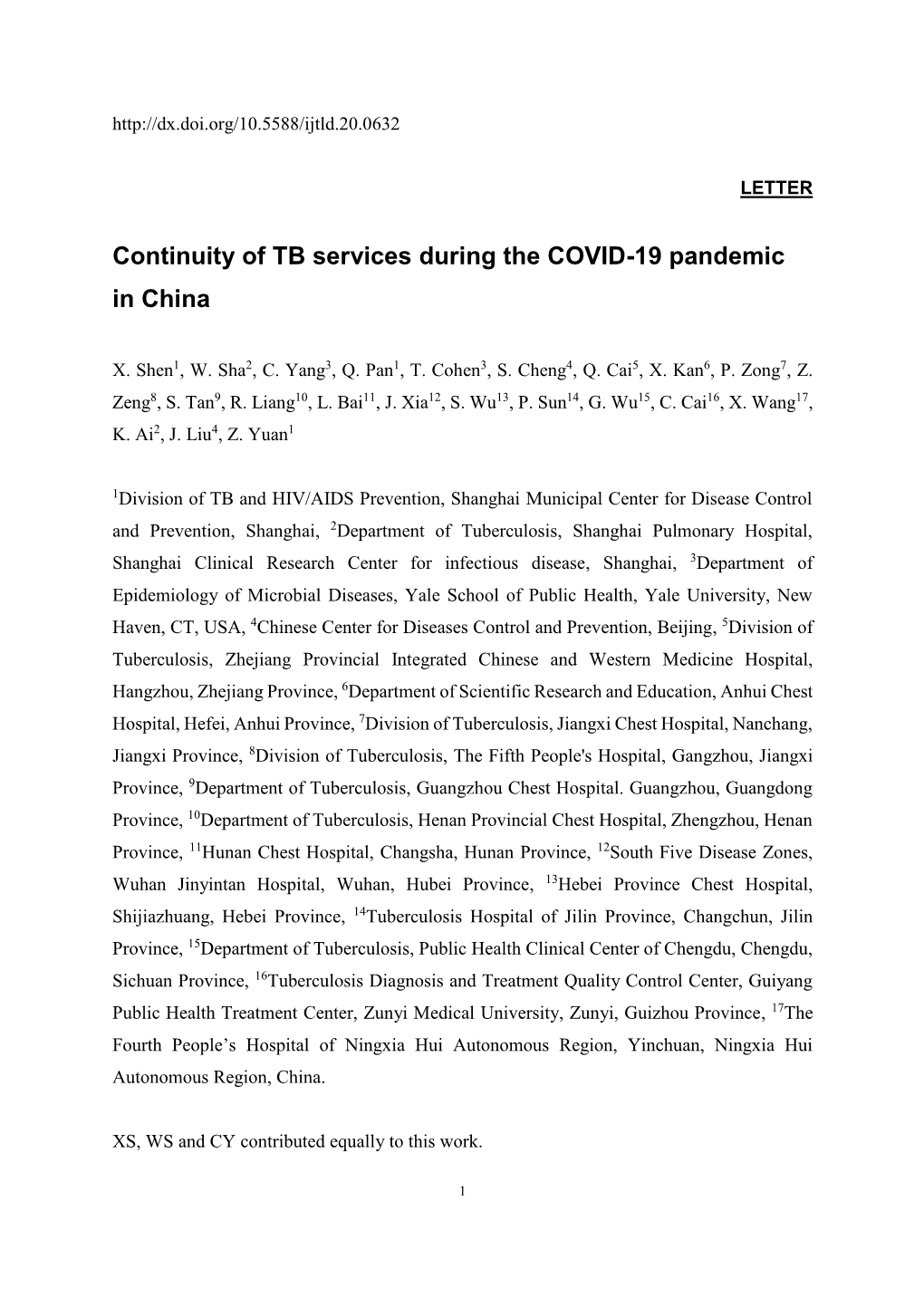 Continuity of TB Services During the COVID-19 Pandemic in China