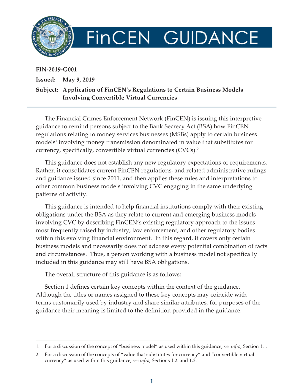 Fincen Guidance, FIN-2019-G001, May 9, 2019