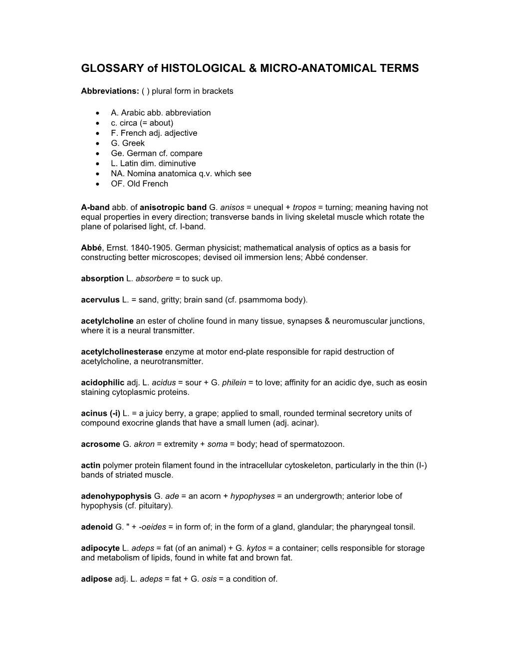 GLOSSARY of HISTOLOGICAL & MICRO-ANATOMICAL TERMS