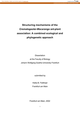 Structuring Mechanisms of the Crematogaster-Macaranga Ant-Plant Association: a Combined Ecological and Phylogenetic Approach