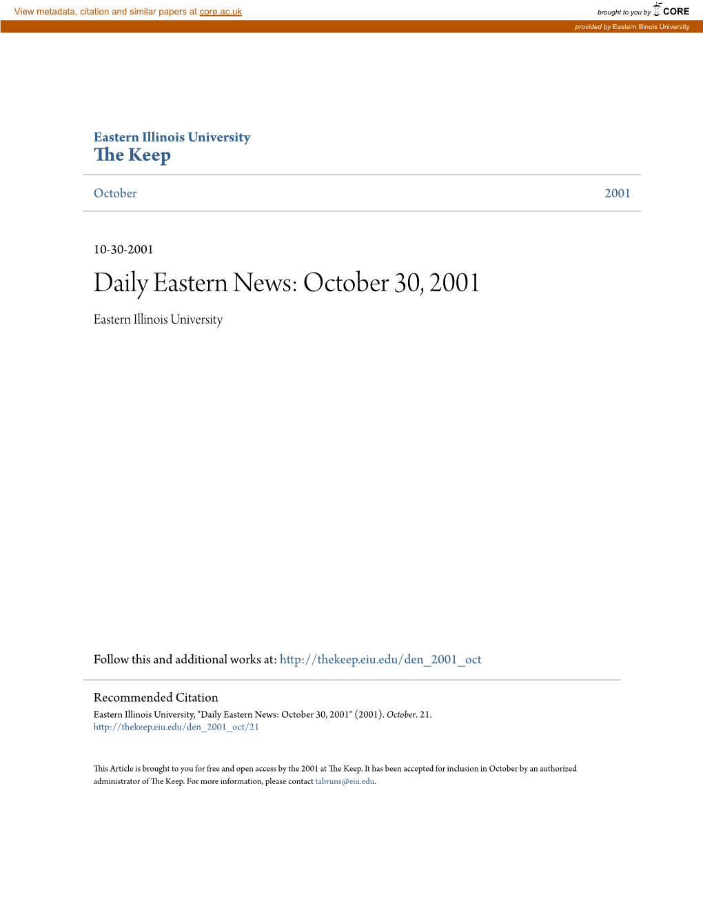 Daily Eastern News: October 30, 2001 Eastern Illinois University