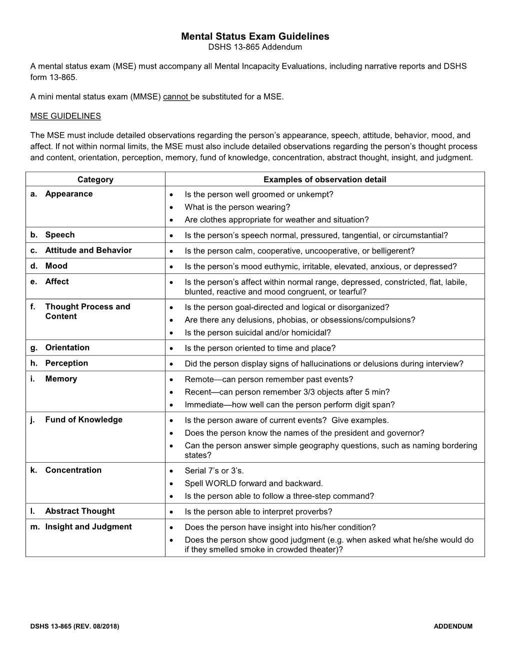 Mental Status Exam Guidelines DSHS 13-865 Addendum
