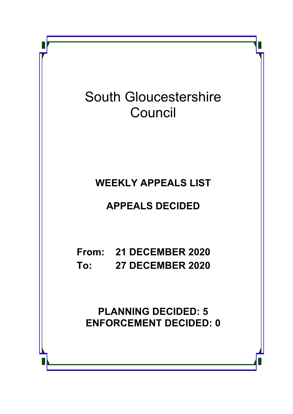 Planning Appeal Decisions 21/12/2020 - 27/12/2020