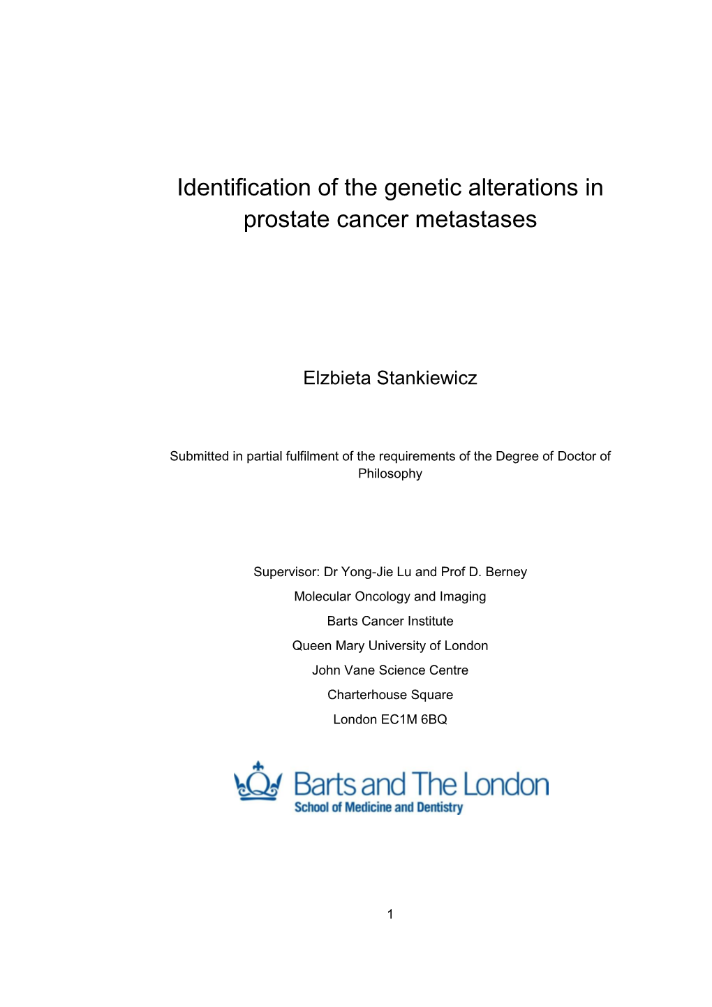 Identification of the Genetic Alterations in Prostate Cancer Metastases