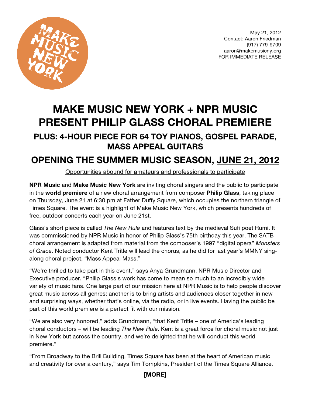 Make Music New York + Npr Music Present Philip Glass